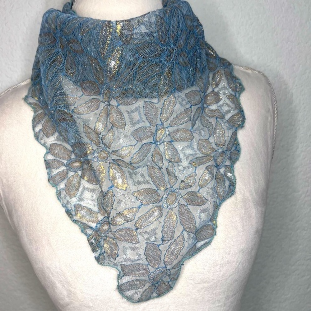 Vintage Blue Silver & Gold Lace Scalloped Edge Kerchief Scarf Ascot Unisex